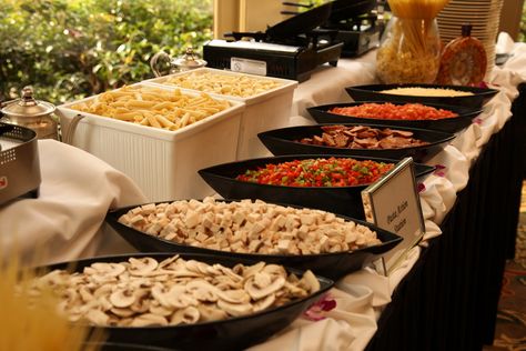 Pasta Action Station Pasta Trays For Party, Pasta Bars For Weddings, Pasta Station Wedding Reception, Build Your Own Pasta Bar Wedding, Pasta Bar At Wedding Reception, Pasta Rehearsal Dinner, Wedding Spaghetti Bar, Pasta Station Ideas Parties, Graduation Party Pasta Bar