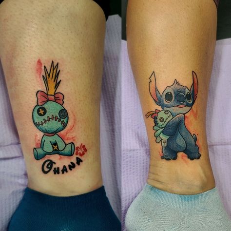 Lilo And Stitch Doll Tattoo, Stitch And Angel Matching Tattoos, Lilo And Stitch Tattoo Ideas Matching, Lilo And Stitch Best Friend Tattoos, Scrump Lilo And Stitch Tattoo, Lilo And Stitch Couple Tattoo, Lilo And Stitch Tattoo Matching, Scrump Tattoo, Piglet Tattoo