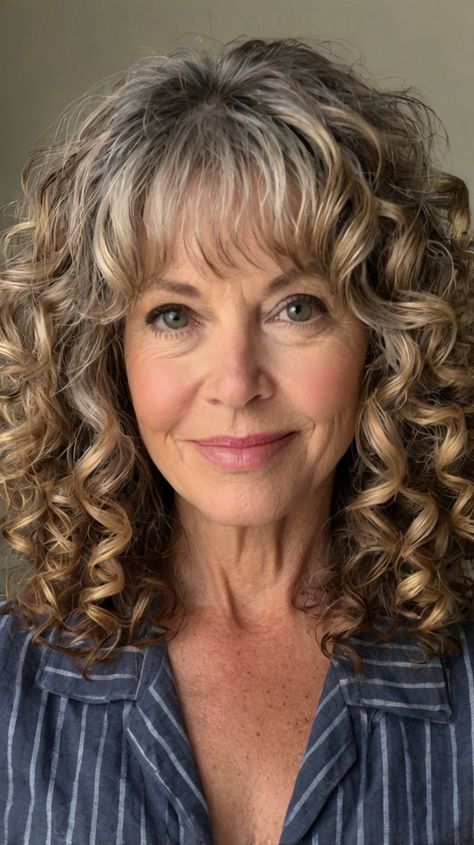 Curly Hairstyles for Women Over 50 Long Inverted Bob With Layers Curly Hair, Stacked Bob Curly Hair, Medium Length Curly Hairstyles With Bangs, Curly Bob With Undercut, Curly Layered Bob With Bangs, Bob With Undercut, Long Curly Layers, Side Curly Hairstyles, Blonde Highlights Curly Hair