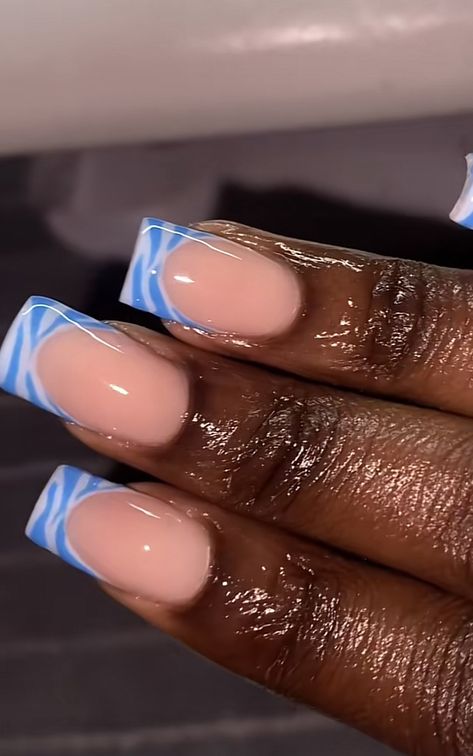 Nails French Tip With Design Classy, Holiday Nails Summer Acrylic Blue, Straight Line Nail Designs, Holiday Nails Summer Blue, Blue French Tip Designs, Nails French Tip Blue, Blue And White French Tip, Blue Zebra Nails, Zebra Nail Designs