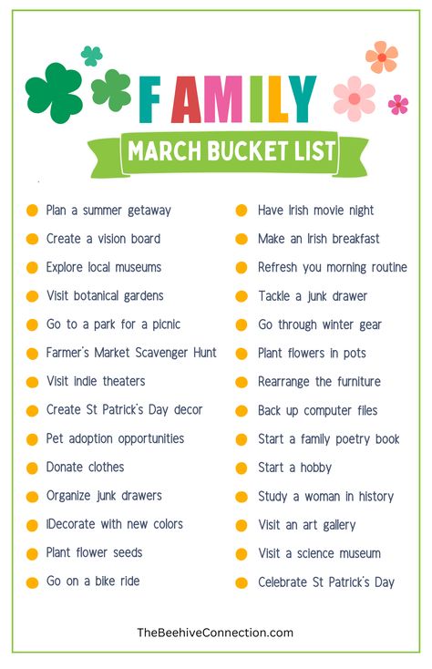 March Bucket List March Bucket List 2024, March To Do List, March Bucket List, Spring Bucket List For Couples, Spring Bucket List For Kids, Spring Bucket List For Adults, Monthly Family Activities, Things To Do In March, Cheap Family Activities