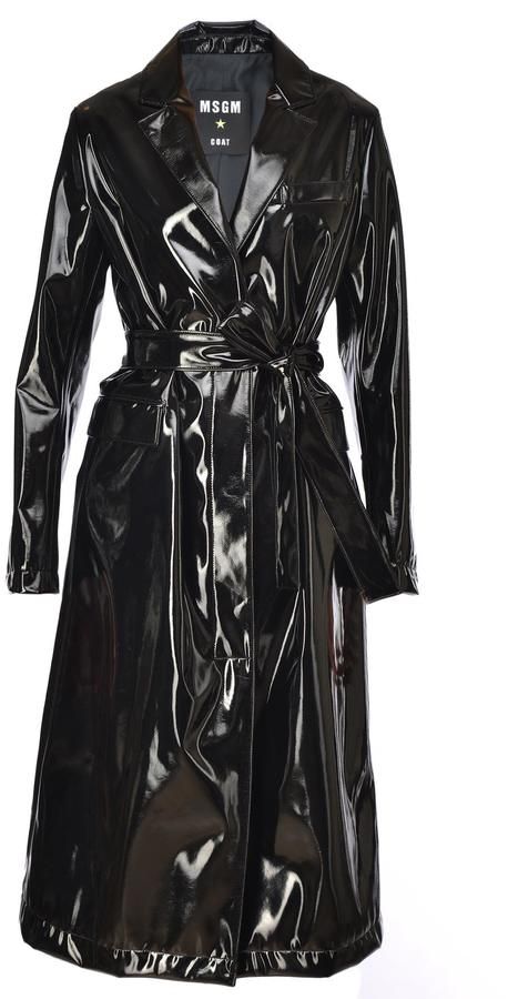 MSGM Tech Fabric Trench Coat. Trench coat fashions. I'm an affiliate marketer. When you click on a link or buy from the retailer, I earn a commission. Trenchcoat Outfit, Vinyl Clothing, Shiny Dresses, Burberry Trench Coat, Women Overcoat, Single Breasted Coat, Long Trench Coat, Belted Trench Coat, Looks Black