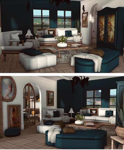 Bloxburg House Inspiration, Cottage Core Bloxburg House, Bloxburg House Builds, Winter House Exterior, Bloxburg Interior, Modern Mansions, San Myshuno, Cute Living Room, Roblox Bloxburg House Ideas