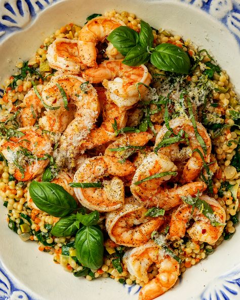 Shrimp Pearl Couscous, Creamy Pearl Couscous Recipes, Best Pearl Couscous Recipe, Shrimp And Couscous Recipes, Shrimp Couscous Recipes, Prawn Couscous, Pearl Couscous Recipes Dinner, Pearled Couscous Recipes, Couscous Shrimp