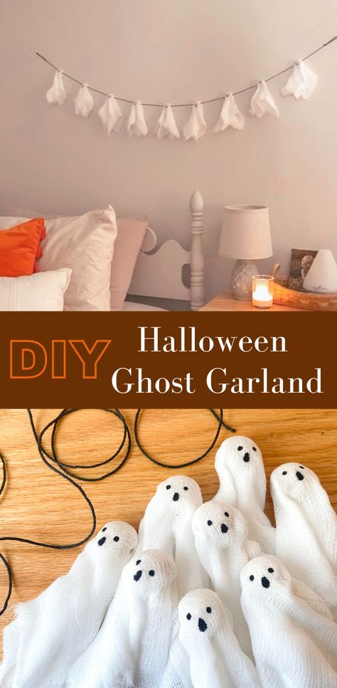 Ghosts made of cheesecloth strung along black yarn for a Halloween garland. Ghost Garland Diy, Halloween Ghost Garland, Fall Garland Diy, French Country Crafts, Diy Halloween Ghosts, Ghost Garland, Garland Halloween, Craft To Make, Ghost Diy