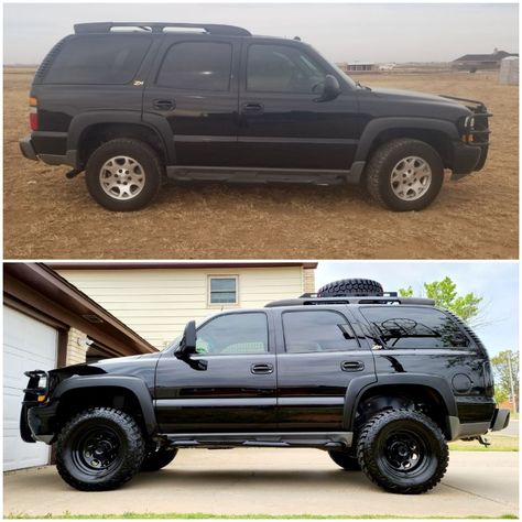 Before & after. Bought this as a daily driver a few months ago because I was tired of putting so many miles on a brand new Jeep JL using it to commute daily.  Yes, apparently I have a problem. 3.5" BDS suspension lift w/ Bilstein 5160 Remote reservoir shocks, 18 x 9 Procomp Series 97's wrapped in 33" x 12.5" Repulsor M/T's, Borla Cat-back exhaust, K&M cold air intake, Predator Tune, LED headlights, taillights & 3rd brake light, roof rack with full size spare tire mounted. Chevy Tahoe Lifted, Tahoe Camping, Lifted Chevy Tahoe, Shtf Vehicle, Chevy Tahoe Z71, Tahoe Z71, Jeep Wk, Best Suv Cars, Chevy Trucks Silverado