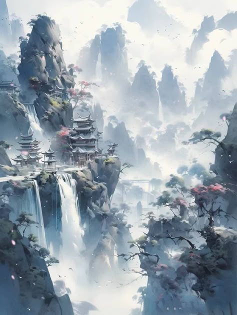 Fantasy Chinese Landscape, Wuxia Art Landscape, Chinese Fantasy Art Landscape, Cultivation Chinese Art, Fanasty Landscape, Japanese Scenery Art, Chinese Scenery, Chinese Illustration, Asian Landscape