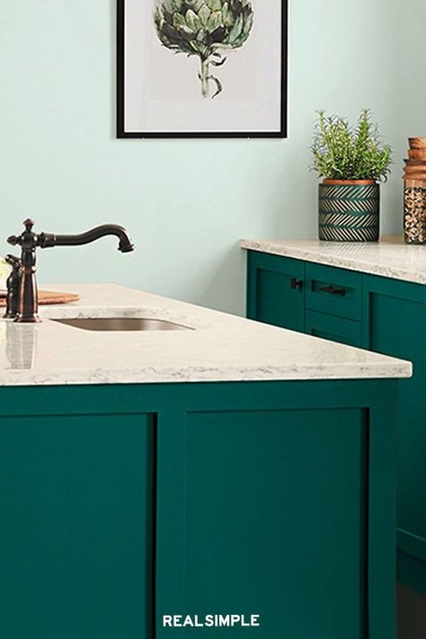 Sherwin Williams Cape Verde, Cape Verde Sherwin Williams, Turquoise Kitchen Cabinets, Cabinet In Kitchen, Kitchen Dining Nook, Custom Bench Seating, Kitchen Decor Trends, Countertops Marble, Master Bath Redo