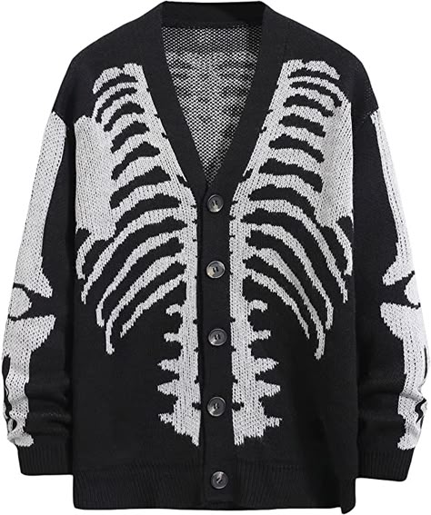 GORGLITTER Men's Skeleton Long Sleeve Button Down Cardigan Lightweight Open Front V Neck Sweater Black and White Medium at Amazon Men’s Clothing store Swimsuit Pants, Halloween Cardigan, Cardigan Sweaters, Plus Size Cardigans, Patterned Cardigans, Knitted Tops, Style Noir, Knitted Coat, Long Sweaters Cardigan