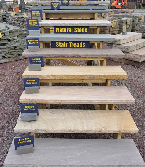 Stone Stair Treads Outdoor, Concrete Stair Treads Outdoor, Stone Front Stairs Entrance, Wood Patio Steps From House, Outdoor Stair Treads, How To Build Stone Steps, Stairs Outside Outdoor Steps, Front Stairs Entrance, Outside Steps Ideas