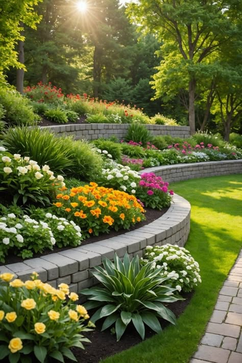 Retention Wall Landscaping, Tiered Garden Ideas, Retaining Wall Garden, Stone Walls Garden, Large Backyard Landscaping, Design Garden Ideas, Walkway Landscaping, Front Garden Landscape, Landscaping Retaining Walls