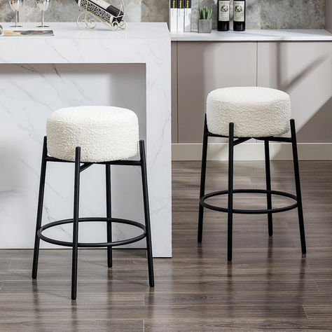 Zibeths 26'' Swivel Bar Stools, Backless Bar Stools for Kitchen Island, Modern Counter Stools Set of 2, Round Seat Bar Stools with Boucle Upholstery and Metal Legs, White Bar Stools For Kitchen Island, Bar Stools For Kitchen, Counter Stools With Backs, Stools For Kitchen, Black Counters, White Bar Stools, Modern Counter Stools, Stools For Kitchen Island, Backless Bar Stools