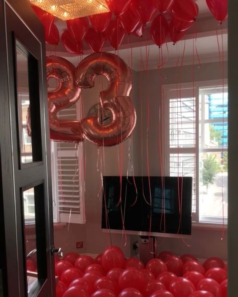 Balloons On Floor, Ceiling Balloons, Red Ceiling, Birthday Traditions, Red X, Family Birthday, Red Balloon, Family Birthdays, House Flooring