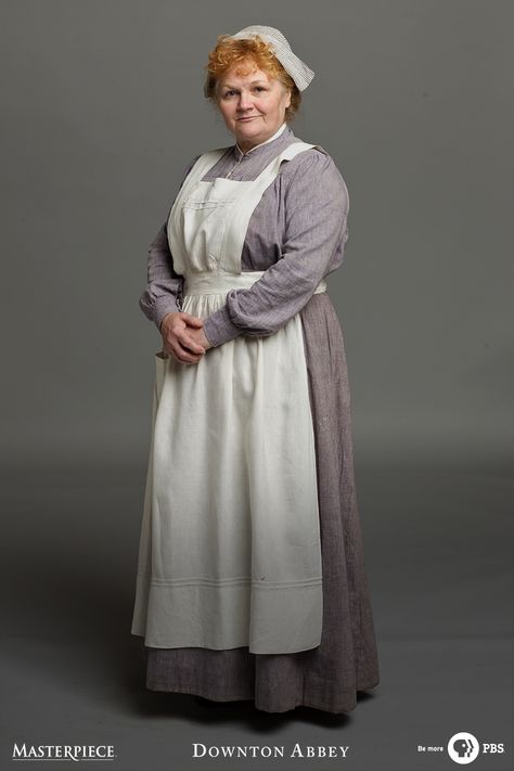 Mrs. Patmore, Lady of Downton Abbey's Kitchen. | Watch on Masterpiece PBS Victorian Servants Dress, 1800s Working Class Clothes, Early 1900s Fashion Poor, 19th Century Poor Clothes, Medieval Servant, 1900 Maid Outfit, Servant Clothes, Kitchen Watch, Mrs Patmore