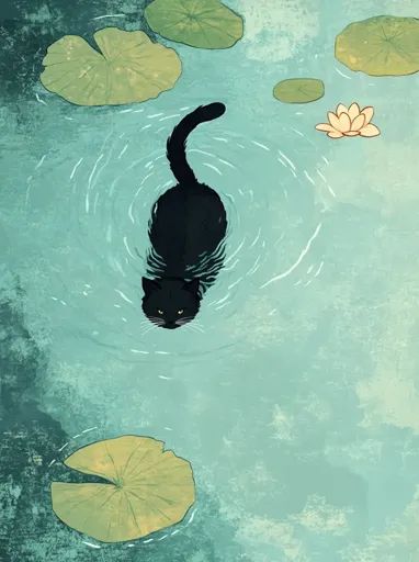 ↑↑↑ Larger size on website 🔸 A black cat with piercing yellow eyes swims in a pond surrounded by lily pads. The cat is positioned Pond With Lily Pads, Cat With Piercing, Black Cat Oil, Cat Swimming, Swimming Cats, Green Color Schemes, A Black Cat, A Pond, Yellow Eyes