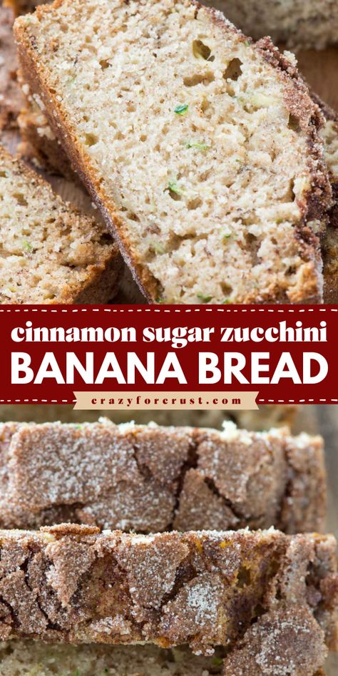 Looking for zucchini breakfast recipes? Here's a zucchini food idea featuring quick bread! Moist with a crunchy cinnamon sugar topping, this zucchini banana bread is the BEST. Save this pin! Banana And Zucchini Bread Recipe, Zucchini Breakfast Recipes, Zucchini Breads, Banana Zucchini Bread, Zucchini Breakfast, Banana Zucchini, Cinnamon Banana Bread, Zucchini Banana, Zucchini Banana Bread