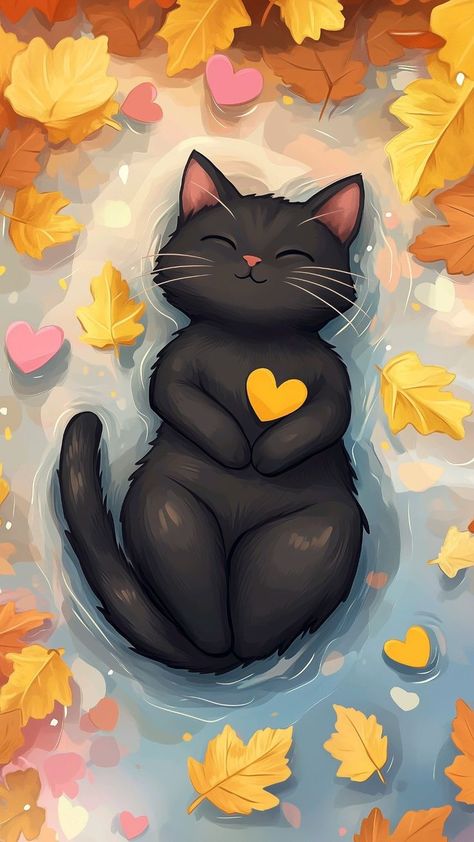 Cute Cat Aesthetic Drawing, Cute Black Cat Cartoon, Cute Soft Aesthetic Wallpaper, Warrior Cat Wallpaper, Autumn Illustration Wallpaper, Autumn Cat Wallpaper, Black Cat Wallpaper Aesthetic, Unique Wallpapers For Phone, Cute Black Cat Aesthetic