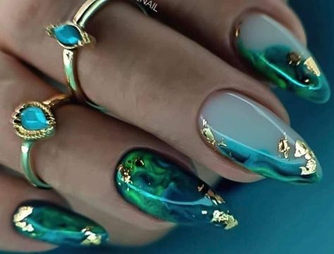 Green Marble Nails, Marble Nails Tutorial, Dragon Nails, Aqua Nails, Finger Paints, Marble Nail Designs, Acrylic Nail Set, Green Nail Designs, Nails Gold