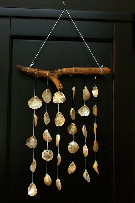 Windchime of Sanibel jingle shells and Lake Erie driftwood. Jingle Shells Crafts, Jingle Shell Art, Jingle Shell Crafts, Seashell Crafts Kids, Wind Chimes Ideas, Seashell Diy, Jingle Shells, Seashell Wind Chime, Shell Creations