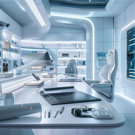 Sci Fi Office, Futuristic Office Design, Futuristic Library, Futuristic Rooms, Futuristic Desk, Futuristic Lab, Futuristic Apartment, White Futuristic, Futuristic Room