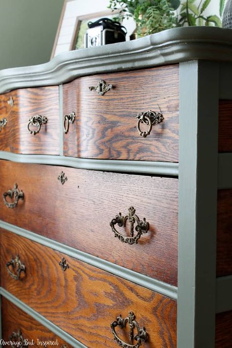 Two-Tone Painted Dresser Makeover in Cypress Vine Green and Wood - Average But Inspired Curved Front Dresser Makeover, Two Tone Dresser Makeover, Wood Dressers Makeover, Dresser Remodel, Vintage Dresser Makeover, Drawers Handles, Stained Dresser, Two Tone Dresser, Furniture Makeover Inspiration