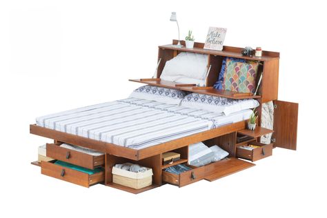 PRICES MAY VARY. BEST STORAGE SET (BED+HEADBOARD): The sturdy Bali Platform set is all made in solid pine wood and has synthetic leather handles. Lots of storage room. Includes the bed bases and slats. Thinking about your safety, all edges are rounded. Totally noise free 3 COLORS AND 4 SIZES: Comes in Caramel, Oak, and White Colors and is Available in King, Queen, Full and Twin sizes. Make a beautiful set with BALI DESK THE ASSEMBLY: This bed set is delivered disassembled. Along with the individ Bali Desk, Diy Headboard With Storage, Free Standing Bed, Storage For Small Bedrooms, Full Bed Frame With Storage, Queen Bed With Storage, Storage Bed Frame Queen, Twin Bed With Drawers, Midcentury Modern Bedroom