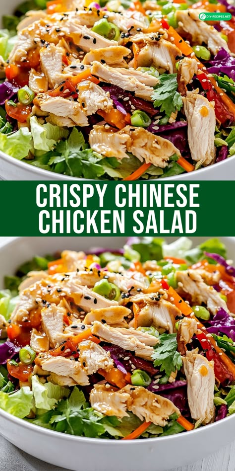 Crunch into this Crispy Chinese Chicken Salad with shredded chicken, fresh veggies, and a delicious ginger-sesame dressing. Dinner Salads With Chicken, Crispy Asian Salad, Salad Ideas With Chicken, Salad With Chicken Recipes, Chicken Salad With Lettuce, Asian Salad Recipes, Sesame Chicken Crunch Salad, Asian Chicken Crunch Salad, Best Chinese Chicken Salad