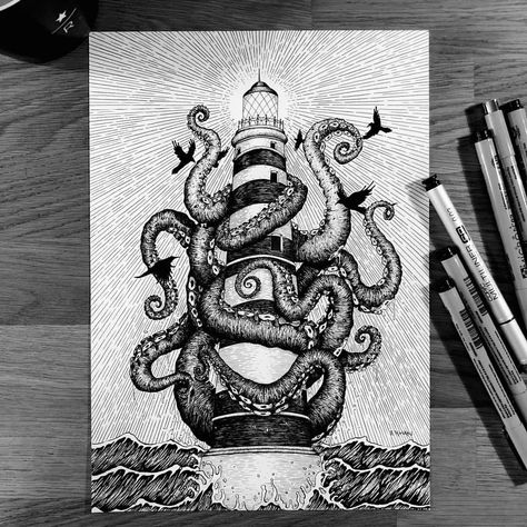 Sailing Tattoo, Kraken Tattoo, Lighthouse Tattoo, Octopus Tattoos, Vintage Octopus, Sea Tattoo, Instagram Illustration, Octopus Tattoo, Black And White Illustrations