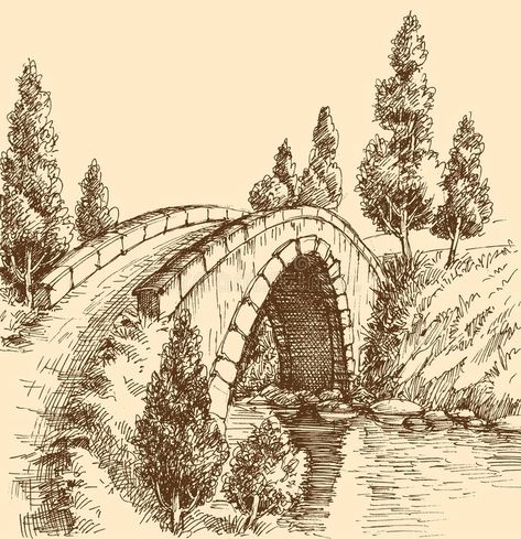 Bridge graphic landscape vector illustration Bridge Over River, Bridge Drawing, Landscape Pencil Drawings, Nature Art Drawings, Pen Art Drawings, Landscape Sketch, River Landscape, Stone Bridge, Architecture Drawing Art