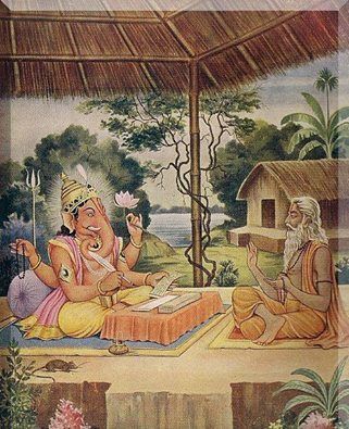 Ved Vyas And Ganesh, Ganesha Writing Mahabharata, Ved Vyas, Ancient Scriptures, Ganesha God, Sri Ganesh, Shri Ganesh Images, Scene Drawing, Chakra Art