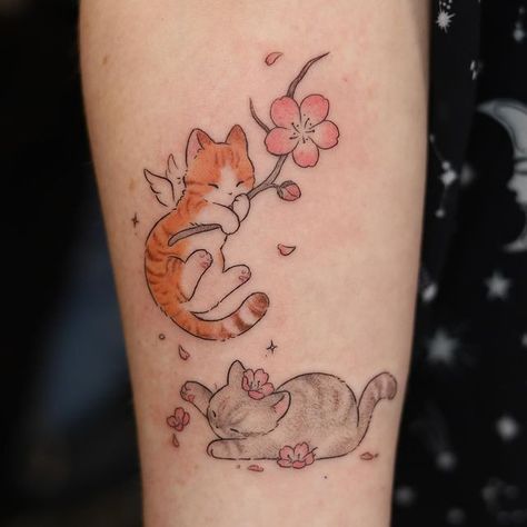 Tattoos For Cats, Cute Minimal Tattoos, Tattoos For Cats That Passed, Two Cat Tattoo, Japanese Cat Tattoo, Tattoo Ideas Cat, Pet Memorial Tattoo, Cats Tattoo, Slayer Tattoo