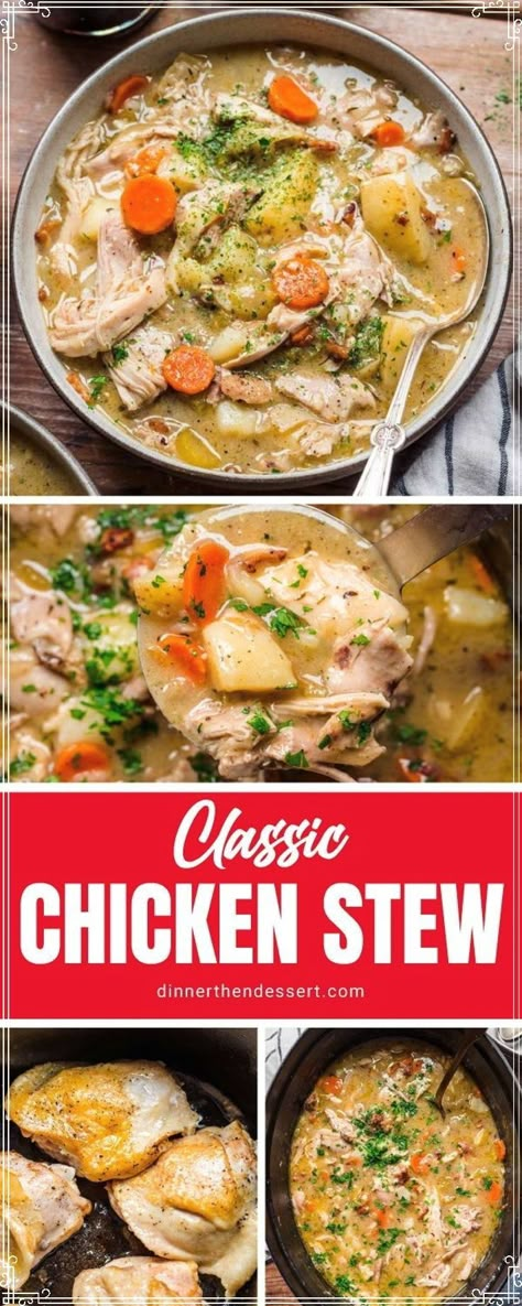 Classic Chicken Stew is a comforting weeknight dinner made with classic ingredients like chicken thighs, bacon, onion, thyme, and carrots. Recipe For Chicken Stew, Chicken Stew Over Mashed Potatoes, Stewed Chicken With Tomatoes, Chicken Soup With Turnips, Carrara’s Chicken Soup, Best Chicken Stew, Easy Chicken Stew, Chicken Vegetable Stew, Stew Chicken Recipe