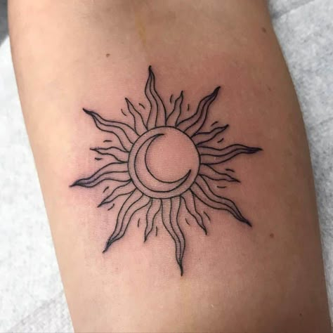 Sun With Moon Inside Tattoo, Sun And Moon Tattoo On Arm, Sun Son Tattoo, Sun And Moon Tattoo Shaded, Sun And Moon Tattoo No Face, Sun Snd Moon Tattoos, Creative Sun Tattoo, Sun And Moon Together Tattoo, Moon In Sun Tattoo