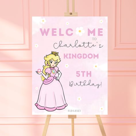 Peach 1st Birthday, Princess Peach Birthday, Peach Party Decorations, Princess Peach Party, Peach Drinks, Chalk Sign, Peach Party, Super Mario Birthday, Princesa Peach