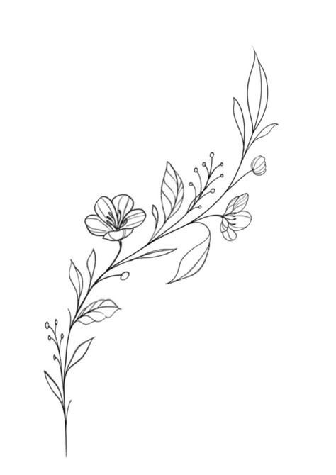 Fine Line Flower Tattoo Design, Horizontal Tattoo Design, Rib Tattoo Stencil, Floral Line Tattoo, Floral Outline Drawing, Floral Fine Line Tattoo, Flower Fine Line Tattoo, Flower Vine Drawing, Fineline Flower Tattoo