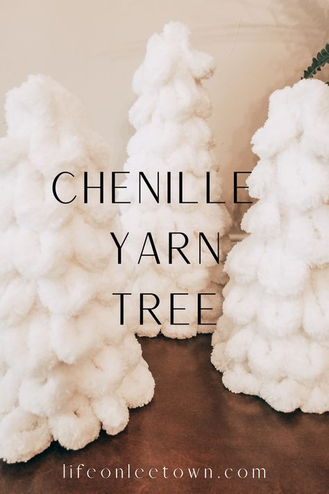 Chenille Yarn Crafts Diy, Thick Yarn Crafts, White Cream Christmas Tree, Winter Yarn Crafts, How To Make Yarn Christmas Trees, Yarn Christmas Tree Decorations, Foam Yarn Christmas Tree, Yarn Christmas Decorations Diy, Sweater Trees Christmas