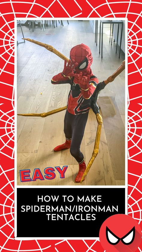 Step by Step Instructions for these easy DIY and Inexpensive Spiderman/Ironman Tentacles. Made with glue, newspaper, cardboard and duct tape. Spiderman Cosplay Diy, Spider Man Crafts For Kids, Diy Spider Man Costume, Diy Spiderman Costume, Gold Spiderman, Iron Spider Costume, Spiderman Craft, Iron Spiderman, Original Halloween Costumes