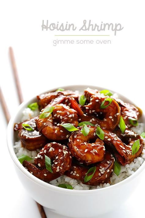 Easy Hoisin Shrimp | This Easy Hoisin Shrimp recipe is ready to go in less than 15 minutes, and is made with the a delicious 3-ingredient sauce. Hoisin Shrimp, Fried Veggies, Fried Broccoli, Gimme Some Oven, Shrimp Dishes, Shrimp Recipe, Rice Wine, Hoisin Sauce, How To Cook Shrimp