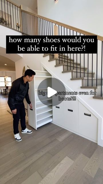 VIAM BUILDERS on Instagram: "Since you guys have been LOVING our innovative shoe storage here’s another look! It has no one but four pull outs all with different size compartments for any kind of shoe you can think of. Boots, heels, sneakers, slippers, even platform crocs.

If you weren’t to put shoes in it what would you put?? 

#ViamBuilders #homeimprovementideas #homestorageideas #shoestorageideas #shoestorage" Stairwell Storage Ideas, Shoe Storage Under Stairs, Platform Crocs, Sneakers Slippers, Under The Stairs, Storage House, Heels Sneakers, Understairs Storage, Stair Storage