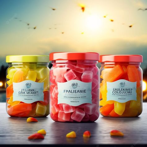 Premium AI Image | three jars of candy corn are on a table with the words " condiment " on them. Jar Packaging Design, Design Kemasan, Jars Packaging, Jar Packaging, Candy Packaging, Candy Jar, Candy Jars, Design Concept, Candy Corn