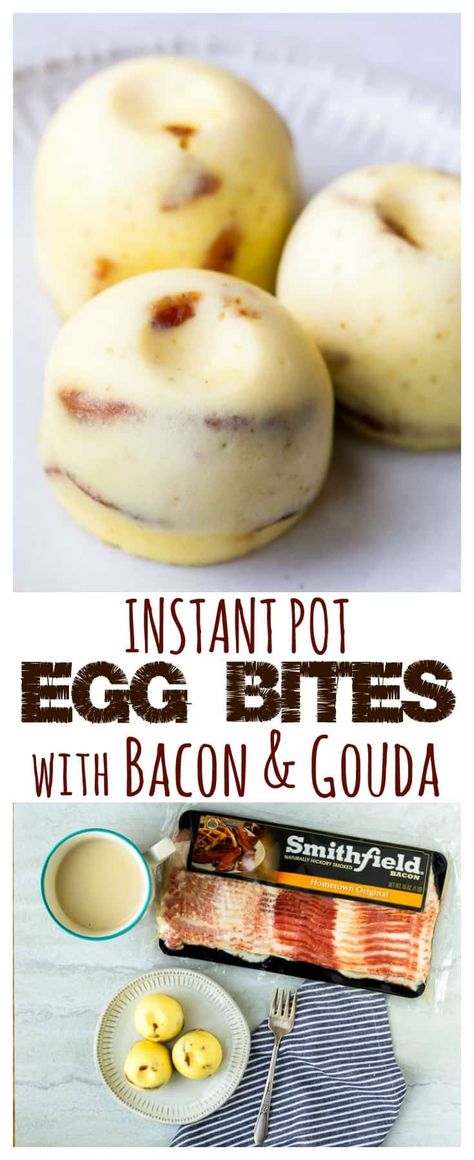 Instant Pot Egg Bites - a simple way to make sous vide style egg bites. Bacon and Gouda cheese add tons of smoky flavor, while ricotta cheese makes each bite light and velvety. These egg bites are perfect for a quick grab-and-go breakfast. | #ad #eggbites #instantpot #breakfast #keto Bacon Gouda Egg Bites Scooters, Eggbites Instantpot, Instant Pot Egg Bites, Egg And Grapefruit Diet, Egg Bites Recipe, Breakfast Keto, Low Carb Meal, Grab And Go Breakfast, Gouda Cheese