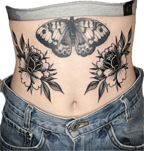 Aesthetic Tattoo Ideas, Tummy Tattoo, 15 Aesthetic, Stomach Tattoos Women, Traditional Tattoo Inspiration, Traditional Tattoo Flowers, Belly Tattoos, Belly Tattoo, Tattoo Butterfly