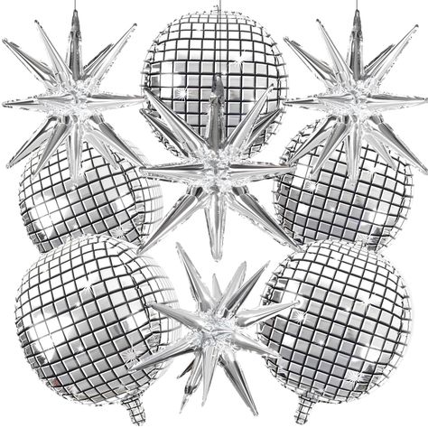 PRICES MAY VARY. Groovy Party Pack: Unleash the disco fever with our set of 5 metallic silver disco ball balloons and 4 metallic star balloons! These balloons are a bold 22 inches in size, making them the center piece of your disco party decorations. Disco balloons ship deflated. Starburst Spectacular: Take your party decor to the next level with our starburst balloons! Hang them, use them as disco themed party decorations, or scatter them around to create a stellar atmosphere that'll wow your g Disco Theme Birthday, Disco Party Decor, Disco Ball Balloons, Ball Balloons, Cowgirl Party Decorations, Silver Party Decorations, 70s Disco Party, Party Decoration Items, Disco Party Decorations