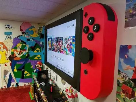 These are not mine I just wanted to make sure everyone was aware this is our there.. it’s so freaking awesome - Imgur Switch Tv Frame, Nintendo Room, Airbnb Ideas, Nintendo Controller, Tv Wall Mounts, Video Game Room Design, Gaming Setups, Video Game Rooms, Nintendo Switch Accessories