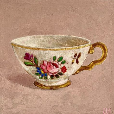 Tea Cup Drawing, Tea Cup Art, Tea Illustration, Coffee Painting, Painted Cups, Cup Art, Bar Art, Expressive Art, Vintage Teacups