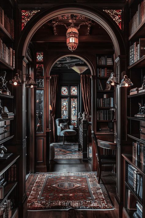 arch ways in a Gothic Revival library Dark Maximalism Library, Gothic Library Aesthetic, Library Room Aesthetic, Interior Design Library, Library Gothic, Gothic Revival Interior, Gothic Study, Dark Library, Arch Ways