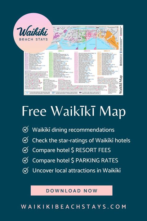 A free Waikiki Map updated for 2022 curated by two locals. This map is designed to help travelers plan and navigate their stay in Waikiki on the island of Oahu, Hawaii. See the star-ratings, resort fees and parking rates of every Waikiki hotel on one page! It includes dining suggestions and more. #waikikimap #waikiki #waikikihotels #bestwaikikihotels #wheretostayinwaikiki #waikikidining #waikikiattractions #waikikivacation #waikikiholiday Waikiki Map, Oahu Map, Tourism Design, Waikiki Hotels, Oahu Vacation, Waikiki Hawaii, Waikiki Beach, Oahu Hawaii, Map Design