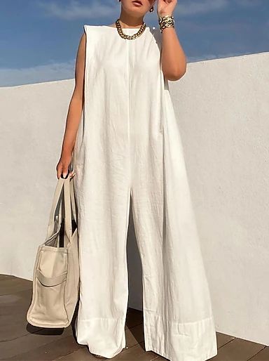 Chic Cotton Pantsuit For Spring, Chic White Pantsuit For Spring, White Fitted Linen Jumpsuit, Casual White Jumpsuits For Workwear, White Summer Pantsuit For Work, Summer White Pantsuit For Workwear, White Wide-leg Summer Pantsuit, Chic White Cotton Jumpsuits And Rompers, White Relaxed Fit Jumpsuit For Spring