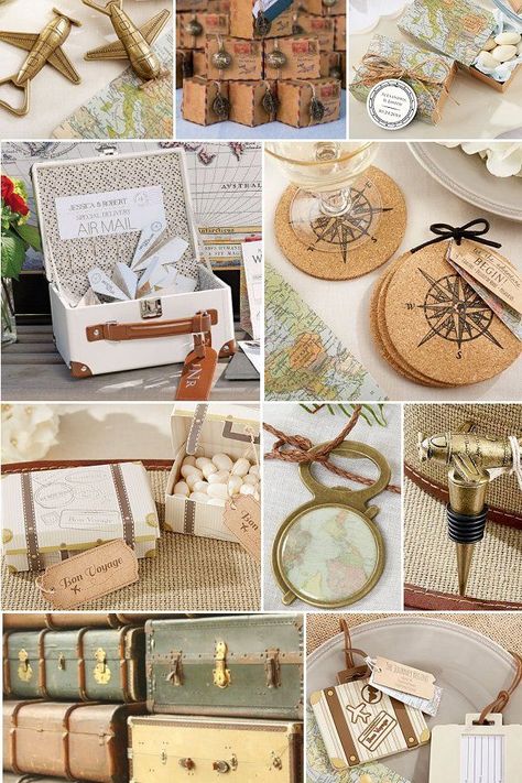 Wedding Theme Travel Decor, Adventure Theme Wedding Centerpieces, Travel Wedding Decorations, Explorer Party Theme, Travel Theme Centerpiece Ideas, Vintage Travel Party Decor, Travel Wedding Ideas, Traveller Wedding, Travel Theme Party Decorations