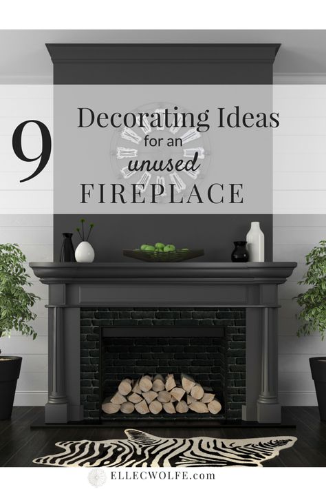 9 decorating ideas for an unusable fireplace | Elle C. Wolfe Interiors Decorating Ideas For Unused Fireplace, Chimney Decoration Ideas, Decorating Inside Of Fireplace, Decorating An Unused Fireplace, Fireplace Insert Decor, Unused Fireplace Decor, Small Mantel Decorating Ideas, Fake Fireplace Decor, Hide Fireplace